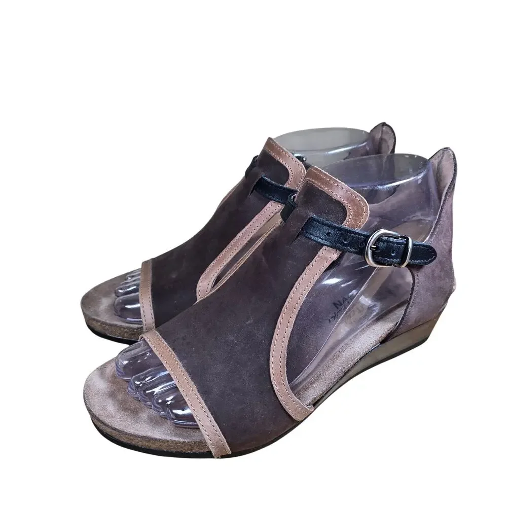 Naot Sandals 37 / 6.5-7 Fiona Beige Lizard Brown Leather Comfort Wedge Worn 1x
